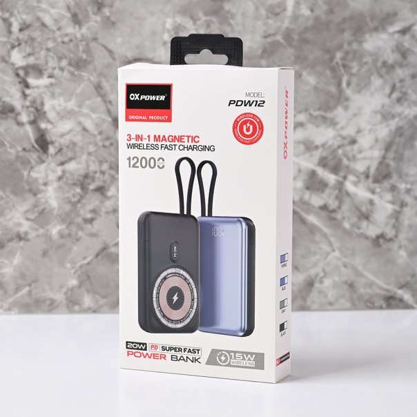 Power bank prenosiva baterija Oxpower PDW12 12000mAh 3u1 magnetic crna - 220781