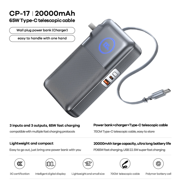 Power bank prenosiva baterija REMAX CP-17 65W sa teleskopskim kablom Type-C 20000mAh sivi - 223127