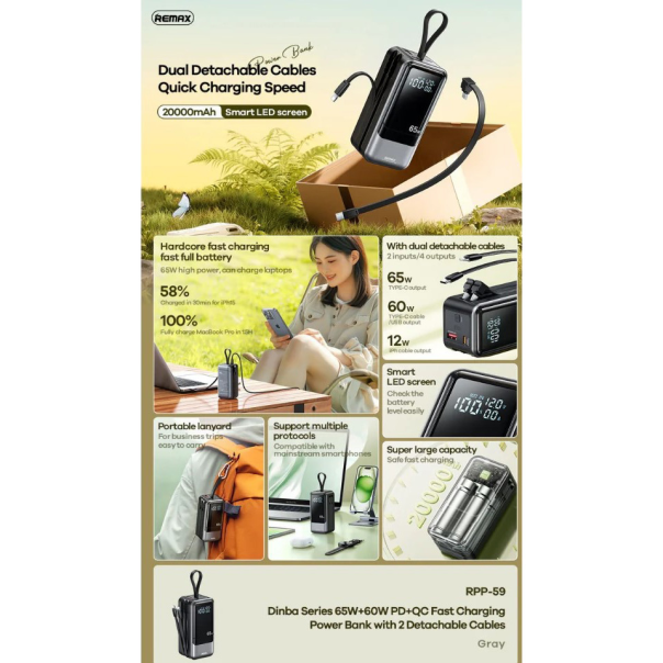 Power bank prenosiva baterija REMAX Dinba Series RPP-59 65W+60W PD+QC Fast Charging 20000mAh crni - 223128