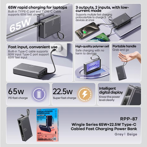 Power bank prenosiva baterija REMAX Wingle Series RPP-87 65W+22.5W Fast Charging 20000 mAh crni - 223134
