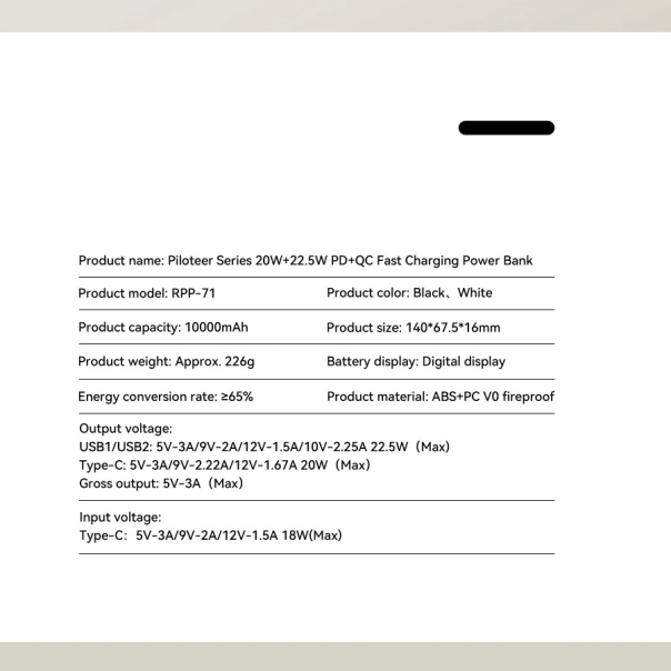 Power bank prenosiva baterija REMAX Piloteer Series RPP-71 20W+22.5W Fast Charging 10000mAh beli - 217155