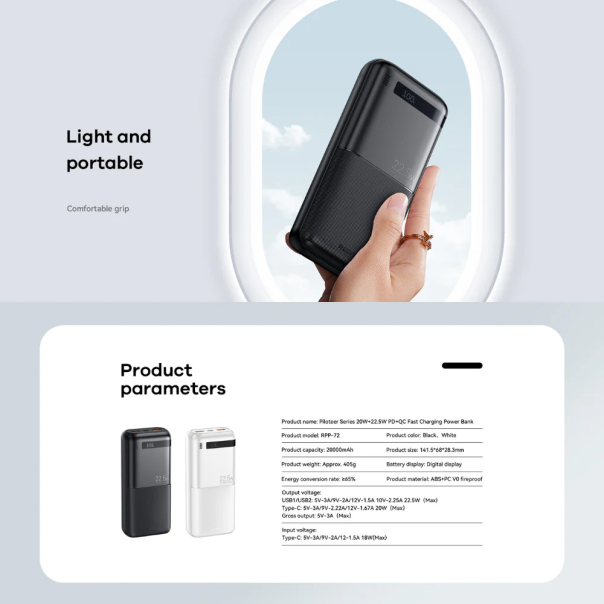 Power bank prenosiva baterija REMAX Piloteer Series RPP-72 20W+22.5W Fast Charging 20000mAh beli - 217157