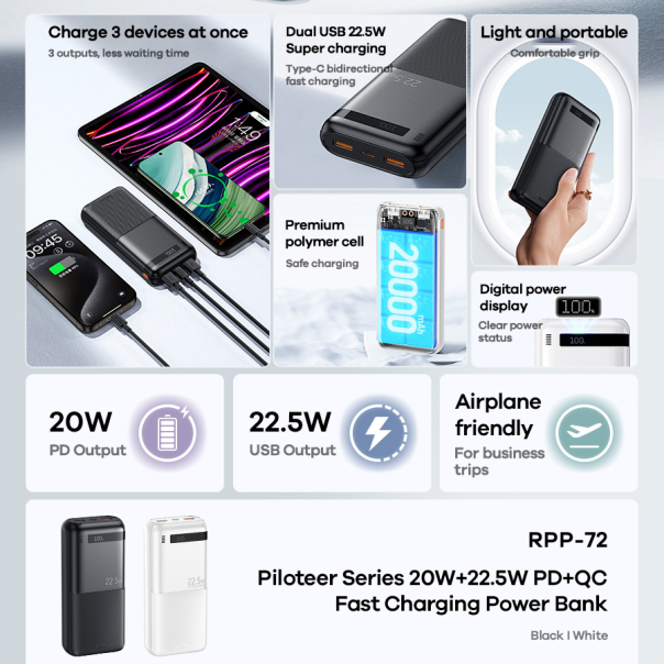 Power bank prenosiva baterija REMAX Piloteer Series RPP-72 20W+22.5W Fast Charging 20000mAh beli - 217157