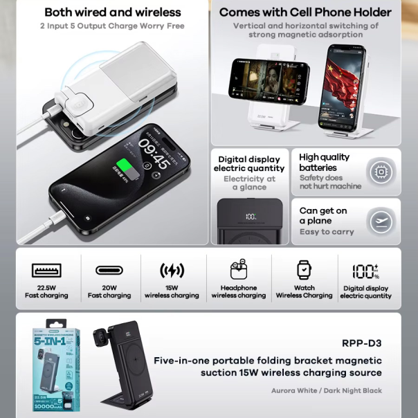 Power bank prenosiva baterija REMAX RPP-D3  20W+22.5W Fast Charging 10000mAh Magnetic 5u1 crni - 217301