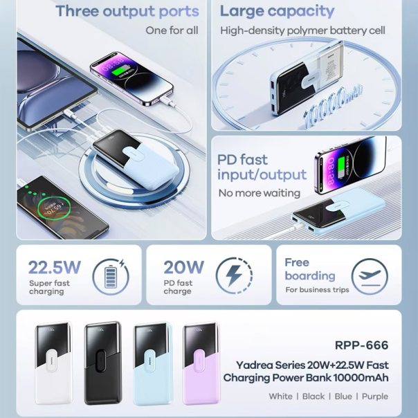 Power Bank Remax Yadrea Series RPP-666 20W+22.5W PD+QC Fast Charging 10000mAh svetlo plava - 613860