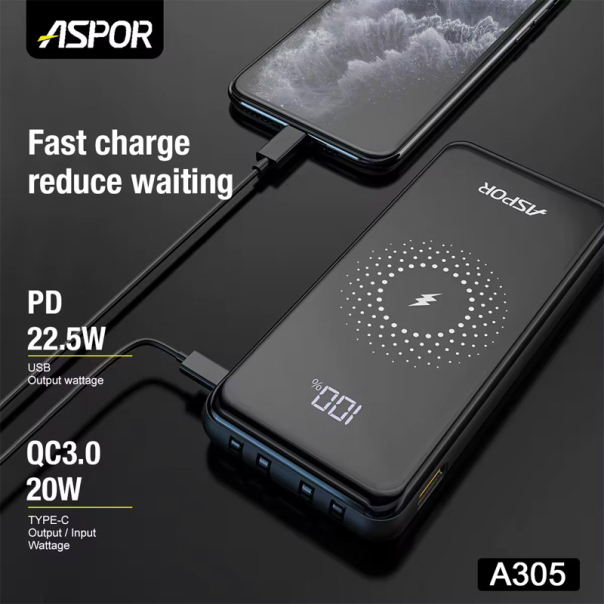 Power Bank wireless + 3u1 Aspor A305 PD 10000 mAh crna - 610474