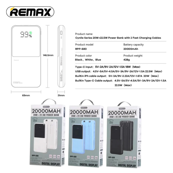 Power bank prenosiva baterija REMAX Cynlle Series RPP-680 PD 20W+QC 22.5W 20000mAh plavi - 217161