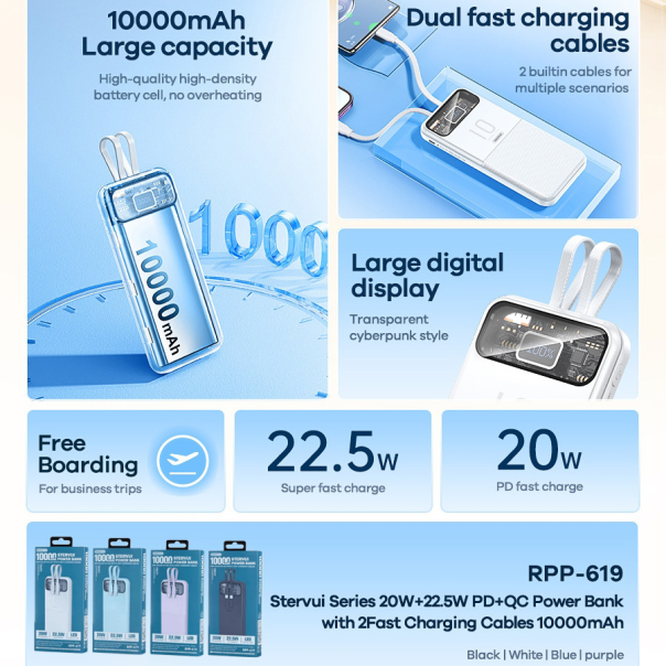 Power bank prenosiva baterija REMAX Stervui Series RPP-619 PD 20W+ QC 22.5W 10000mAh ljubicasti - 217164