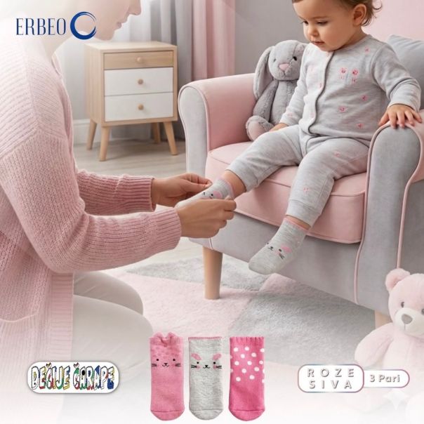 ERBEO Čarapice Za Devojčice i Bebe – roze i siva boje, set 3 komada - EP3022974