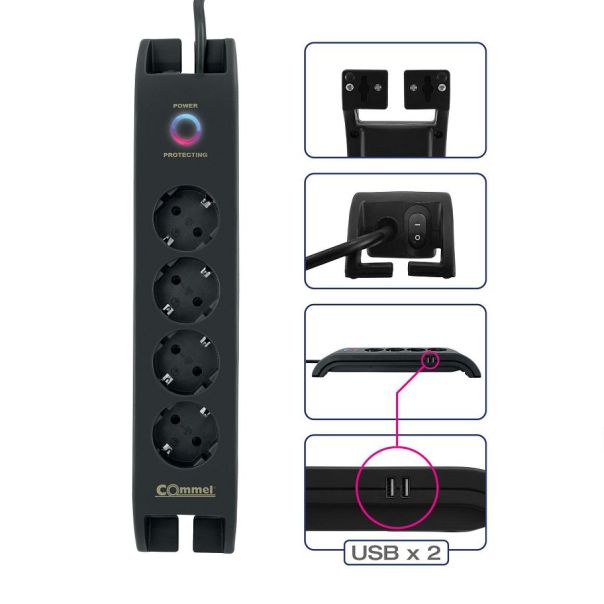 COMMEL Produžni kabl sa 4 utičnice i 2xUSB  HO5VV-F 3G1.5, crna - C380-109