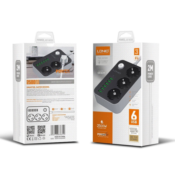 Produžni kabel LDNIO SE3631 3 utičnice 6xUSB 2m X10 - 610615