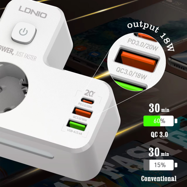 Produzni kabl LDNIO SE2337 2500W (lopov) EU 2 uticnice + 2xUSB QC3.0 18W, PD 20W beli - 219675