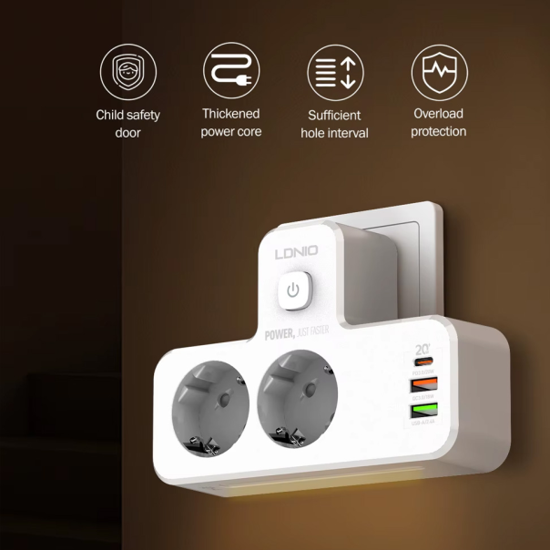 Produzni kabl LDNIO SE2337 2500W (lopov) EU 2 uticnice + 2xUSB QC3.0 18W, PD 20W beli - 219675