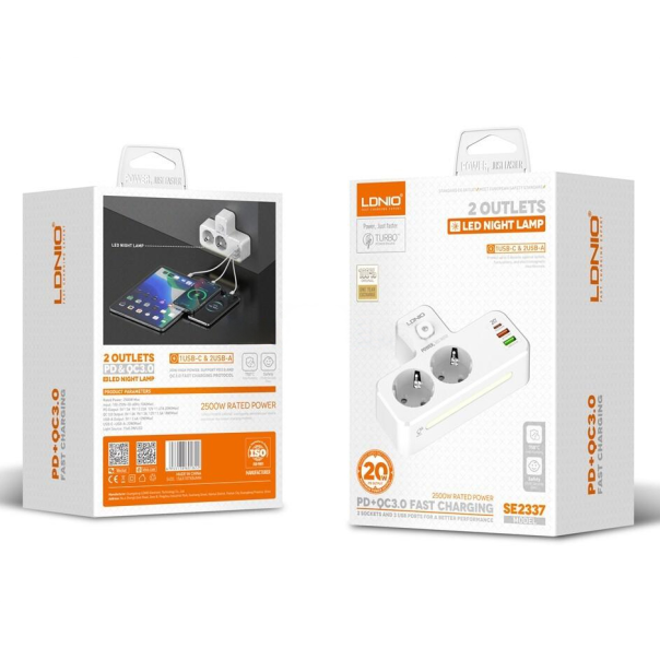 Produzni kabl LDNIO SE2337 2500W (lopov) EU 2 uticnice + 2xUSB QC3.0 18W, PD 20W beli - 219675