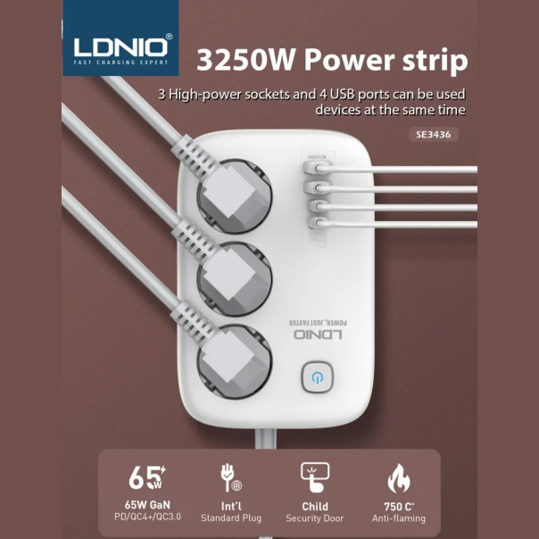 Produzni kabl LDNIO SE3436 3250W EU 3 uticnice + 2xUSB QC 60W, 2xPD 65W, PPS, GaN 2m beli - 219676