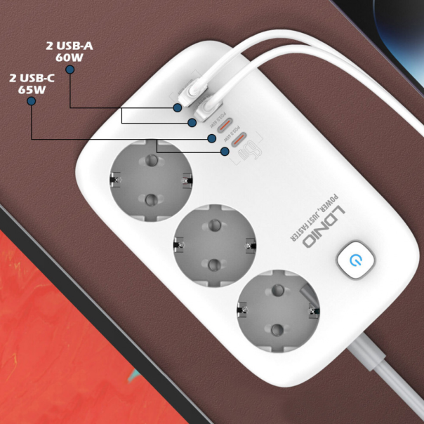 Produzni kabl LDNIO SE3436 3250W EU 3 uticnice + 2xUSB QC 60W, 2xPD 65W, PPS, GaN 2m beli - 219676