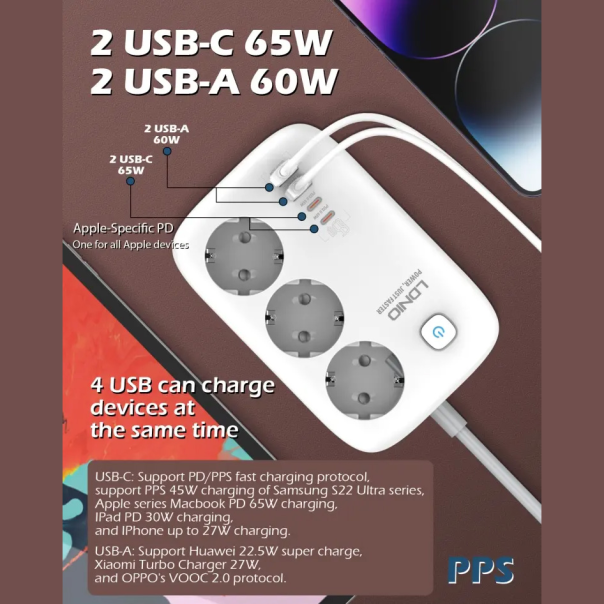 Produzni kabl LDNIO SE3436 3250W EU 3 uticnice + 2xUSB QC 60W, 2xPD 65W, PPS, GaN 2m beli - 219676