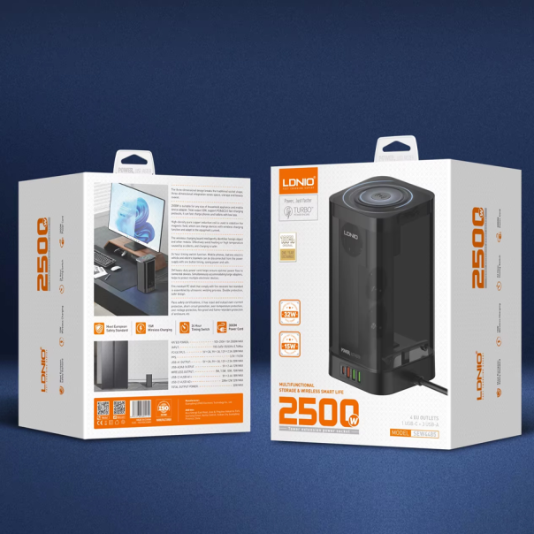 Produzni kabl LDNIO SEW4485 2500W EU 4 uticnice + 3xUSB QC PD 30W, Wireless 15W, PPS, Tajmer 2m crni - 219677