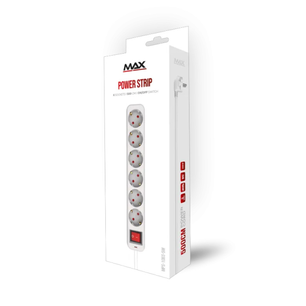 Produžni kabl sa prekidačem 6 utičnica 5m Max MPS-106S-5M Beli - 223279