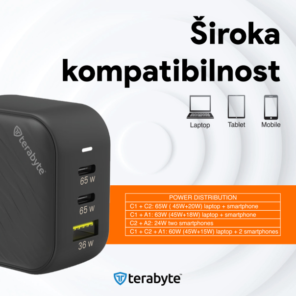 Punjac univerzalni Terabyte TR65W, GaN, PPS, PD 3.0, QC 3.0, 65W crni CE - 210837