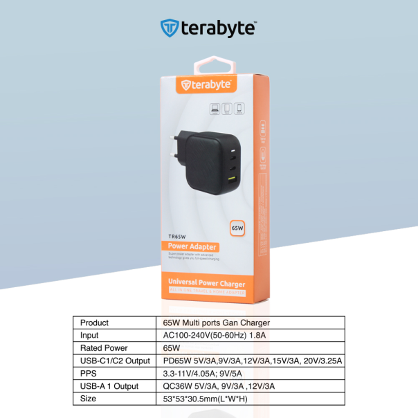 Punjac univerzalni Terabyte TR65W, GaN, PPS, PD 3.0, QC 3.0, 65W crni CE - 210837