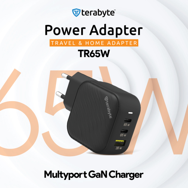 Punjac univerzalni Terabyte TR65W, GaN, PPS, PD 3.0, QC 3.0, 65W sa PD Type c kablom crni CE - 210838