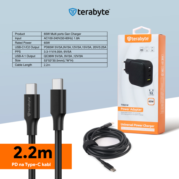 Punjač univerzalni Terabyte TR65W, GaN, PPS, PD 3.0, QC 3.0, 65W sa PD Type c kablom crni CE - 210838-1