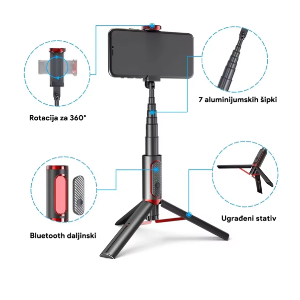 Selfie stick M18 mini + tripod beli/roze - 215621