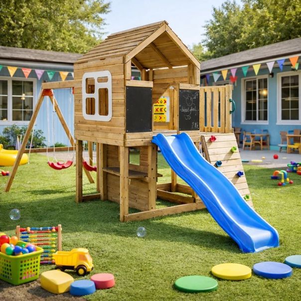 Velika dečija drvena kućica za igru KINDER HOME za dvorište sa toboganom - EP2988385