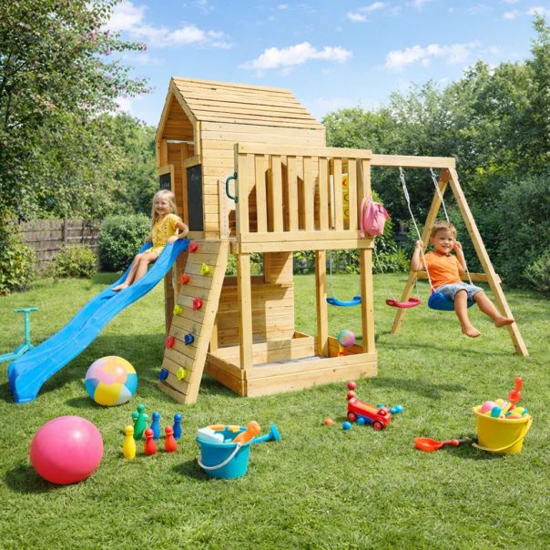 Velika dečija drvena kućica za igru KINDER HOME za dvorište sa toboganom - EP2988385