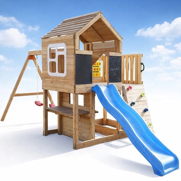 Velika dečija drvena kućica za igru KINDER HOME za dvorište sa toboganom - EP2988385