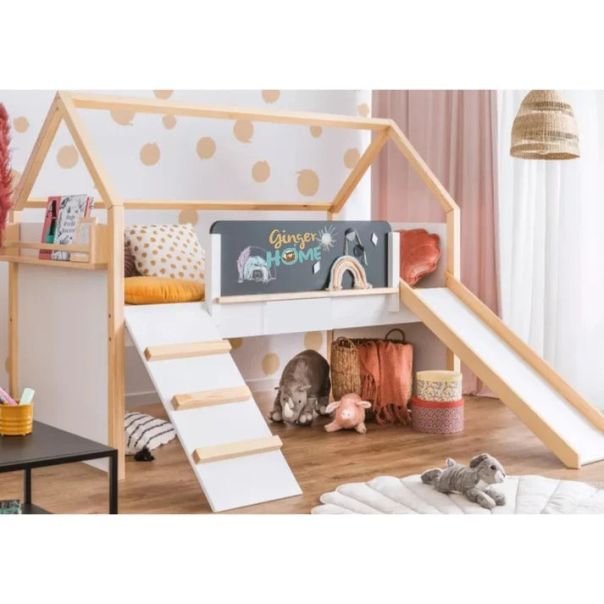 KINDER HOME Montesori kućica za dečiji krevet, dvospratna, tobogan, crna tabla, ram dušeka 90x200cm - SRK-20