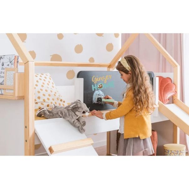 KINDER HOME Montesori kućica za dečiji krevet, dvospratna, tobogan, crna tabla, ram dušeka 90x200cm - SRK-20
