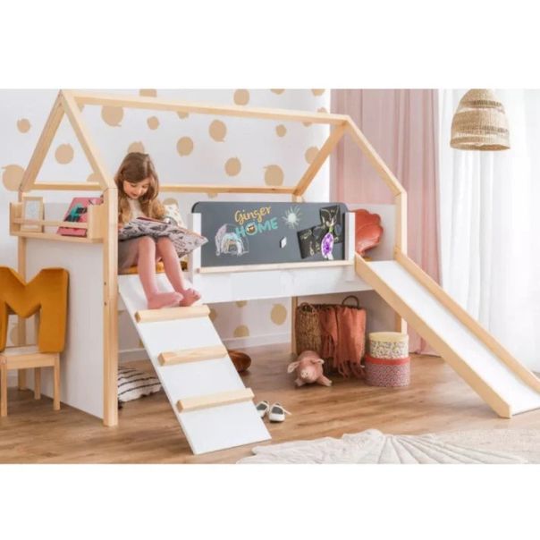 KINDER HOME Montesori kućica za dečiji krevet, dvospratna, tobogan, crna tabla, ram dušeka 90x200cm - SRK-20