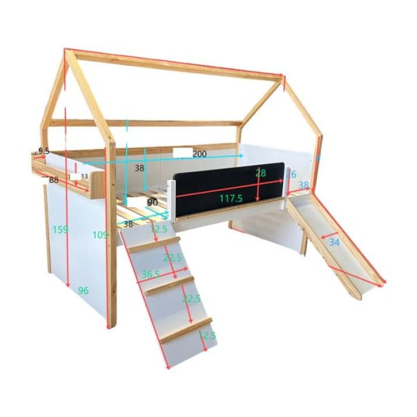 KINDER HOME Montesori kućica za dečiji krevet, dvospratna, tobogan, crna tabla, ram dušeka 90x200cm - SRK-20