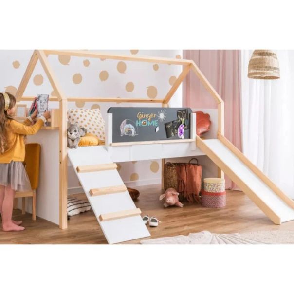 KINDER HOME Montesori kućica za dečiji krevet, dvospratna, tobogan, crna tabla, ram dušeka 90x200cm - SRK-20