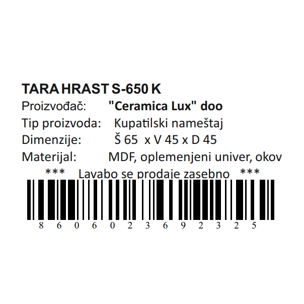 CERAMICA LUX Tara Hrast donji deo S-650 konzolna - 300292