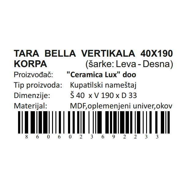 CERAMICA LUX Tara Bella vertikala 40x190 korpa - 300283