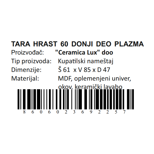 CERAMICA LUX  Tara Hrast donji deo 60 plazma - 300288