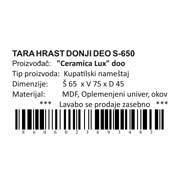 CERAMICA LUX Tara Hrast donji deo S-650 - 300490