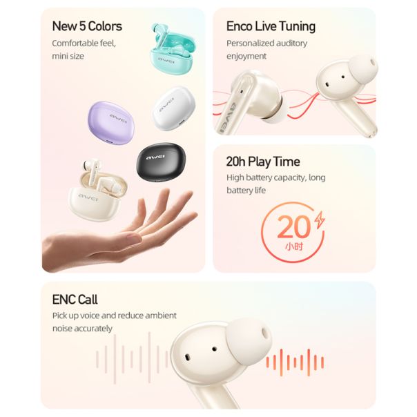 AWEI Bluetooth slušalice T90 ENC, bela - SL1574