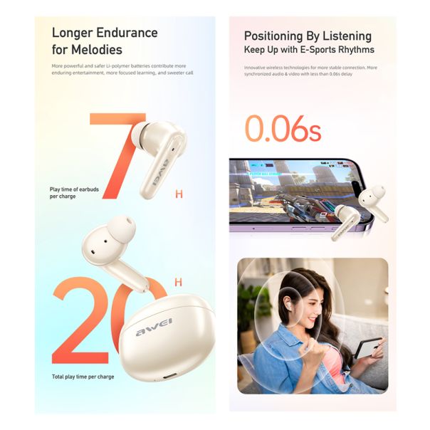 AWEI Bluetooth slušalice T90 ENC, bela - SL1574