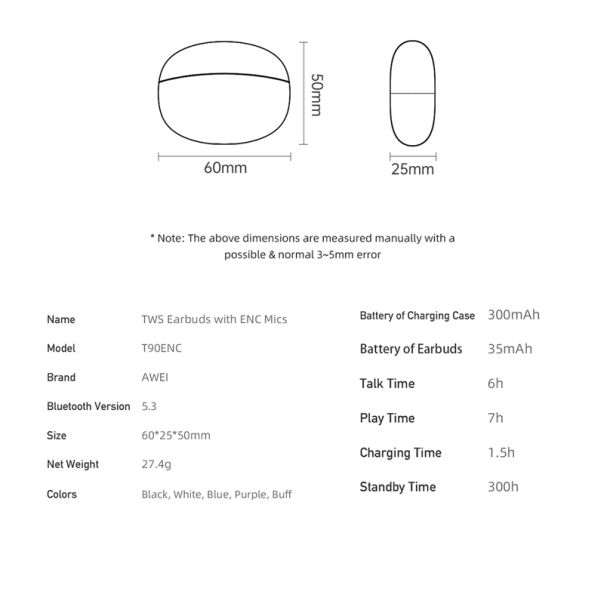 AWEI Bluetooth slušalice T90 ENC, bela - SL1574