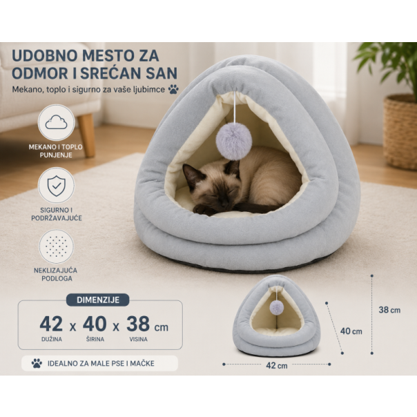 PET COMFORT Krevet za mačke sa visećom lopticom Sivo-Bež 42 × 40 × 38 cm - EP3174605