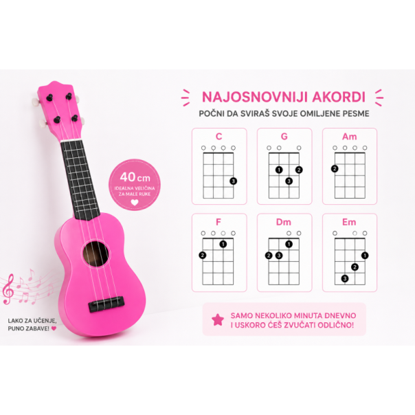 EDDY TOYS Dečji ukulele sa najlonskim žicama rozi 40cm - EP3174599