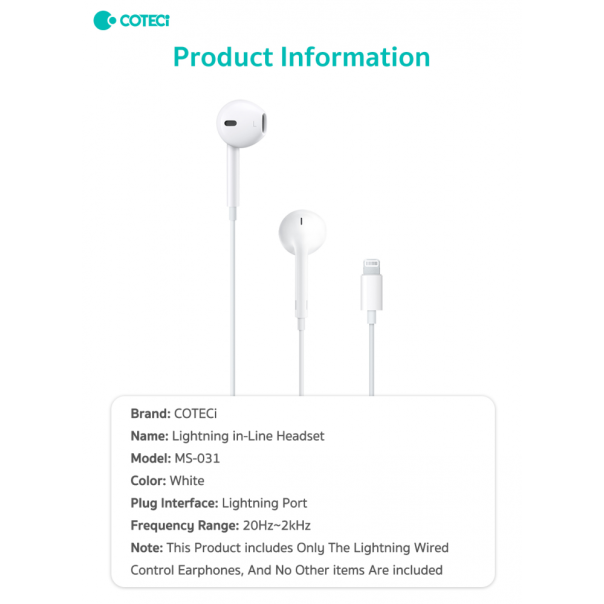 Slušalice Coteci MS-031 za iPhone lightning bele - 223304