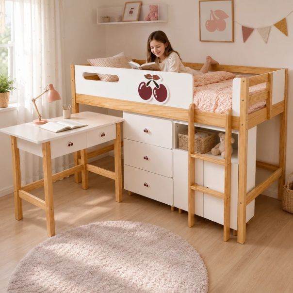 Kombinovani krevet KINDER HOME CHERRY sa radnim stolom, komodom, garderoberom i ramom za dušek - EP3228534
