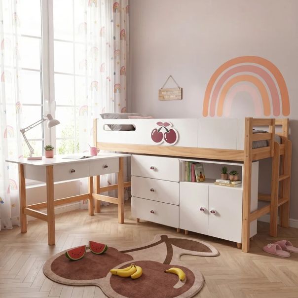 Kombinovani krevet KINDER HOME CHERRY sa radnim stolom, komodom, garderoberom i ramom za dušek - EP3228534