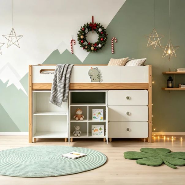 Dečiji kombinovani krevet KINDER HOME DINO sa policama, garderoberom, komodom i ramom za dušek - EP3222669