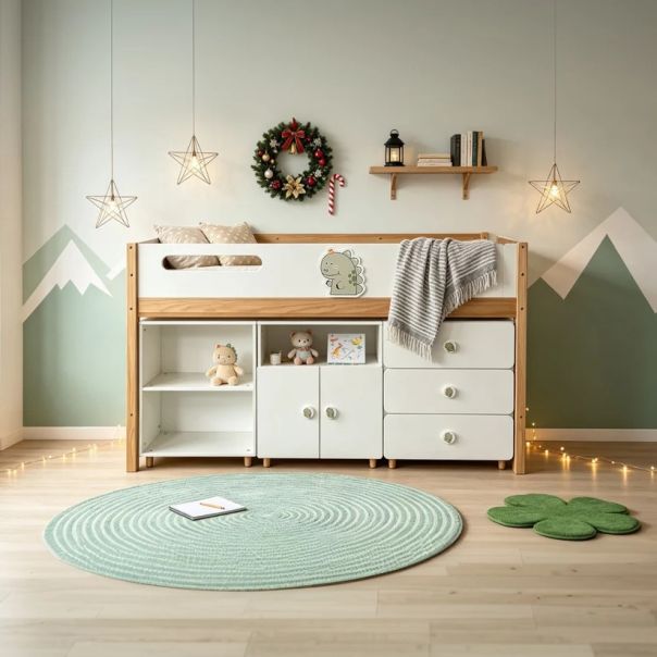 Dečiji kombinovani krevet KINDER HOME DINO sa policama, garderoberom, komodom i ramom za dušek - EP3222669